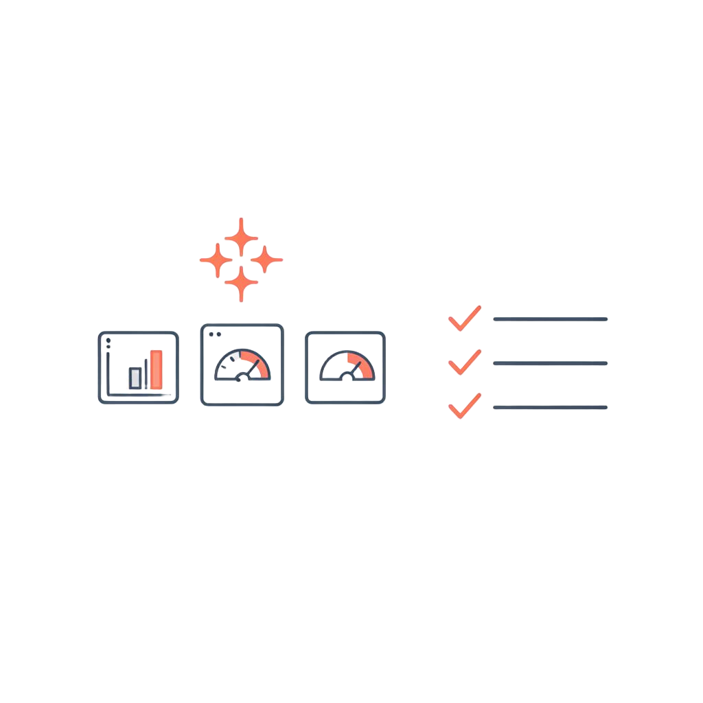 Abstract metric cards and a checklist with a sparkle AI mark