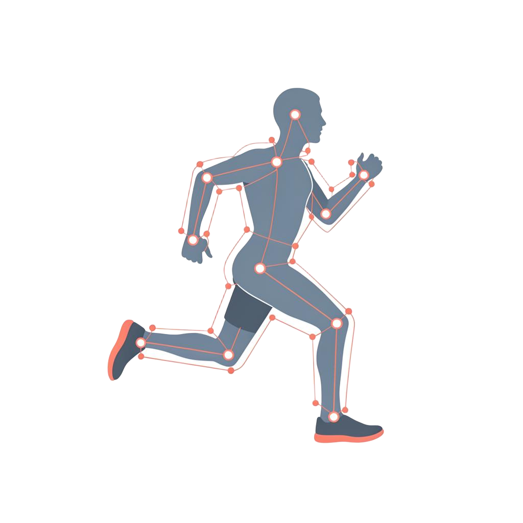 Runner silhouette with a pose-detection skeleton overlay of joints and connecting lines